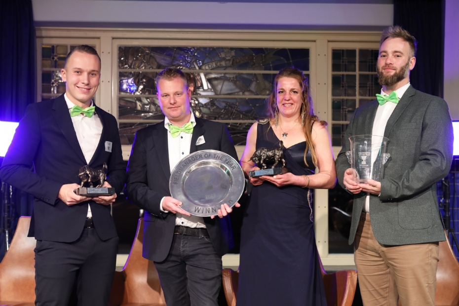 Winnaars van 2023! Fieldmanager Student of the Year Thimo de Nijs, Fieldmanger of the Year Gertjan Hilarius, Toro Greenkeeper Student of the Year Desirée Mouw, Greenkeeper of the Year Lee Lennox